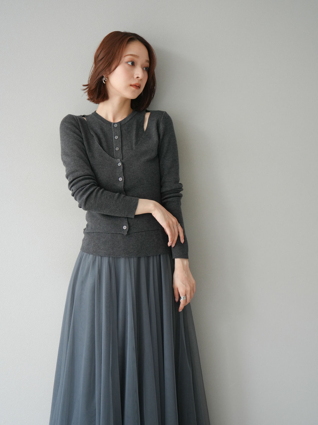 [予約]レイヤードデザインニットカーディガン/チャコール