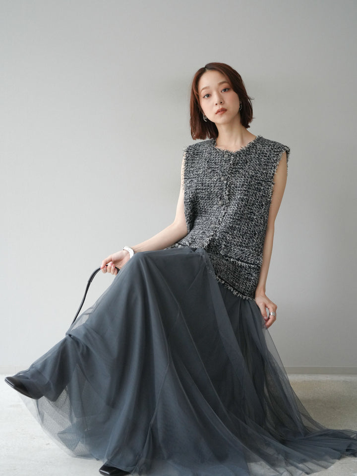 [予約]ミックスツイードフリンジニットベスト/ブラック