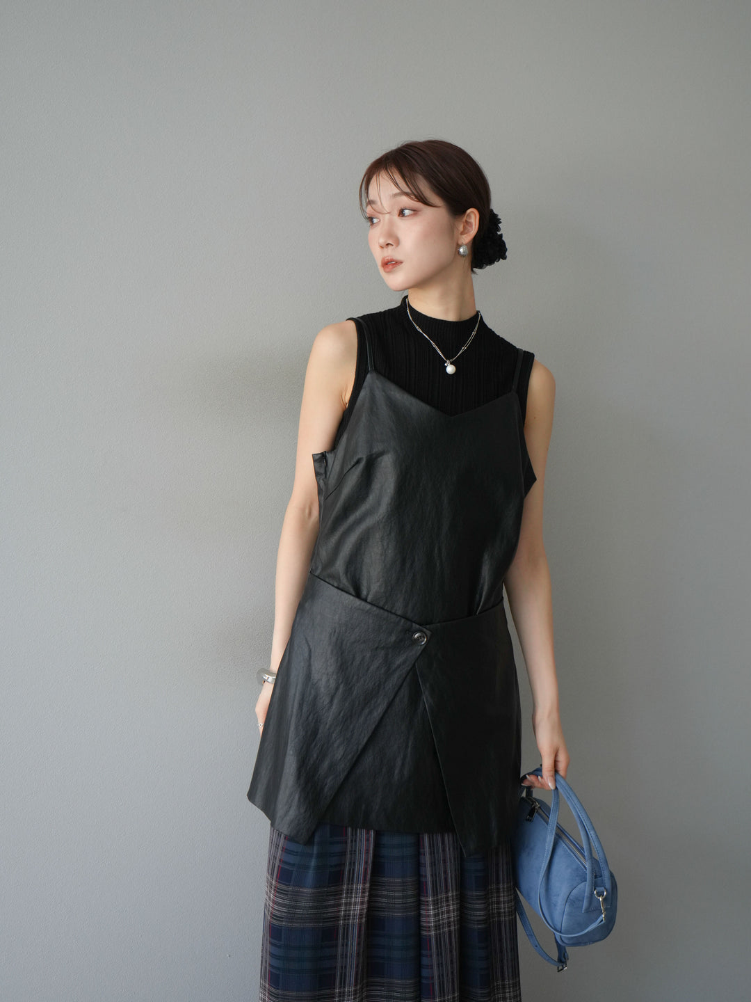 [予約]レイヤードレザーキャミソールチュニック/ブラック