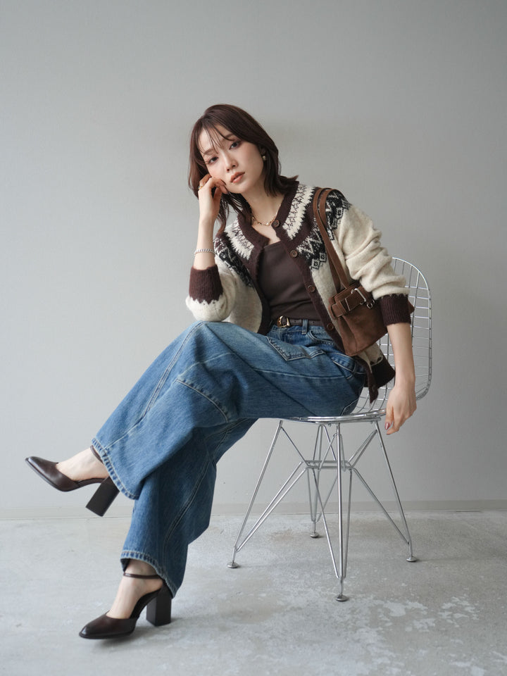 [SET]ノルディック柄ニットカーディガン+ペインターカーブデニムパンツ(2set)