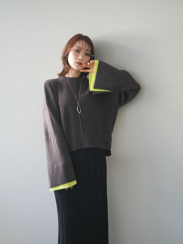 [予約]袖レイヤード配色ニットプルオーバー/brown