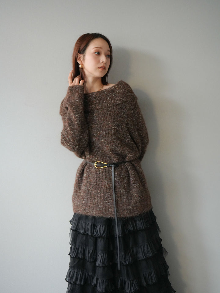 [予約]ミックスヤーンオフショルルーズニットプルオーバー/ブラウン