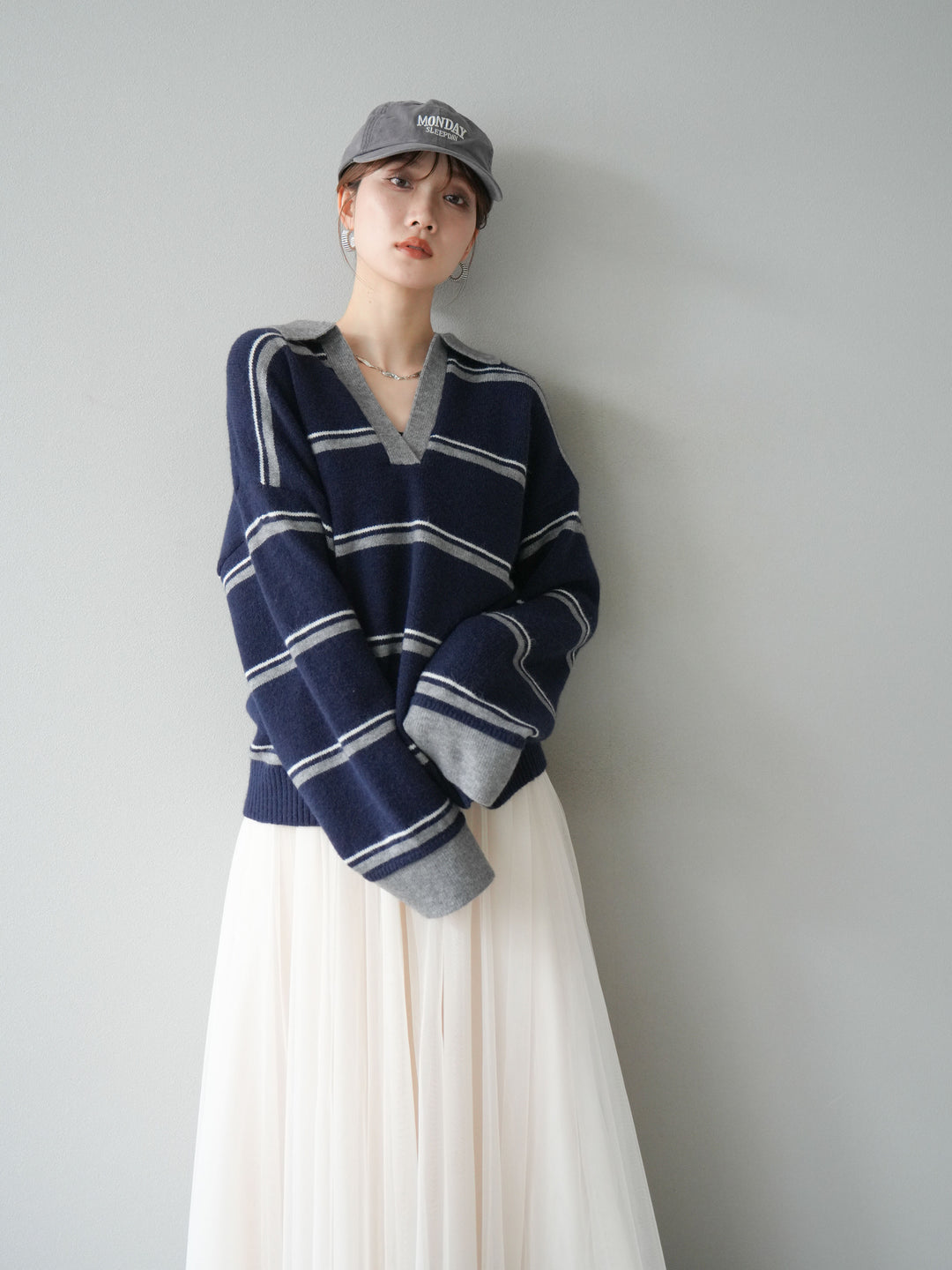 [SET]ポロ襟スキッパーボーダーニットプルオーバー+チュールボリュームスカート(2set)