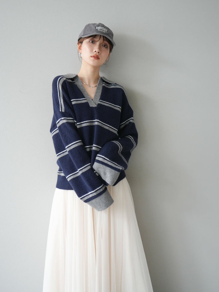 [SET]ポロ襟スキッパーボーダーニットプルオーバー+チュールボリュームスカート(2set)