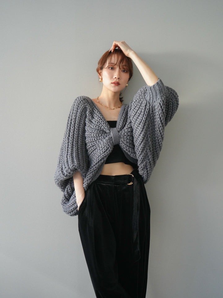 [予約]ローゲージ畦編みドルマンニットボレロ/gray