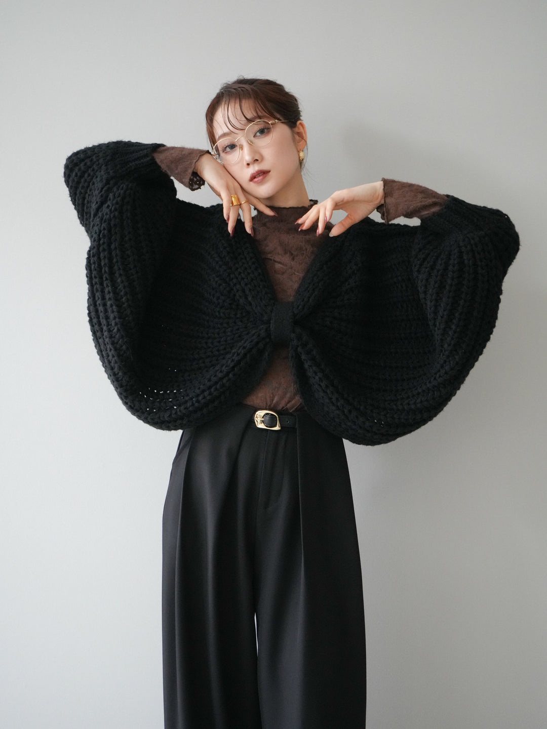 [SET]ローゲージ畦編みドルマンニットボレロ+起毛レースプチネックトップス+ベルトループデザインワイドパンツM(3set)