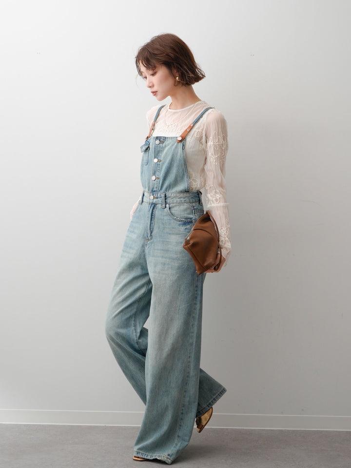 [予約]レザーコンビストラップデニムサロペット/lightblue
