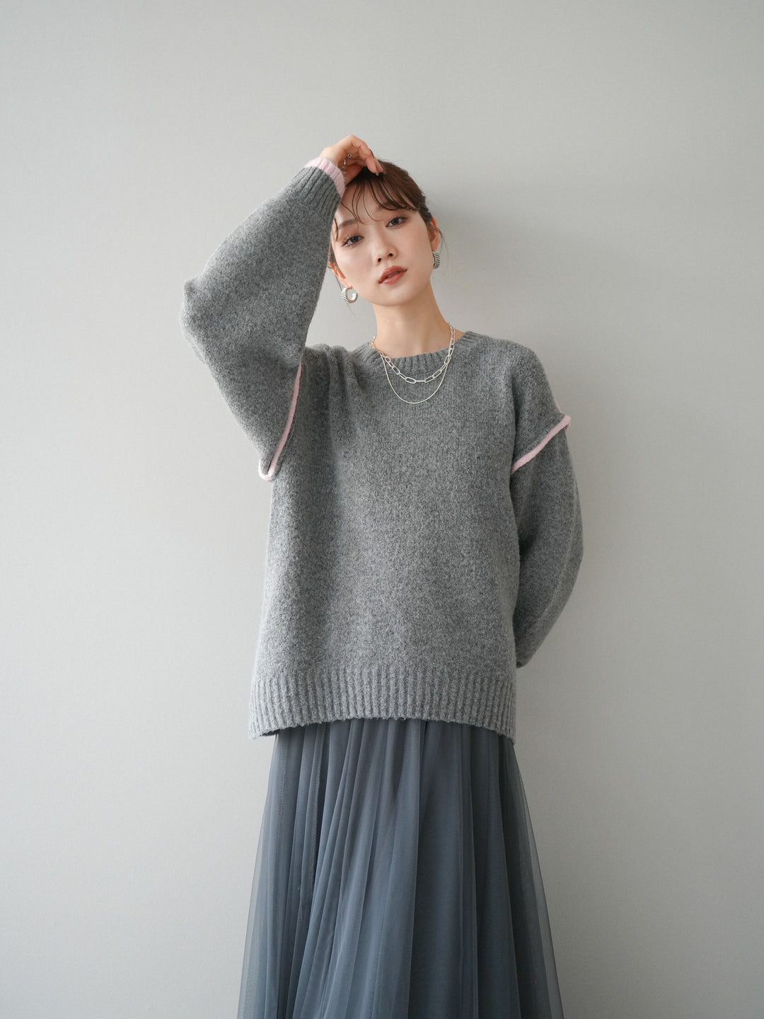 [予約]バイカラーパイピングニットプルオーバー/gray