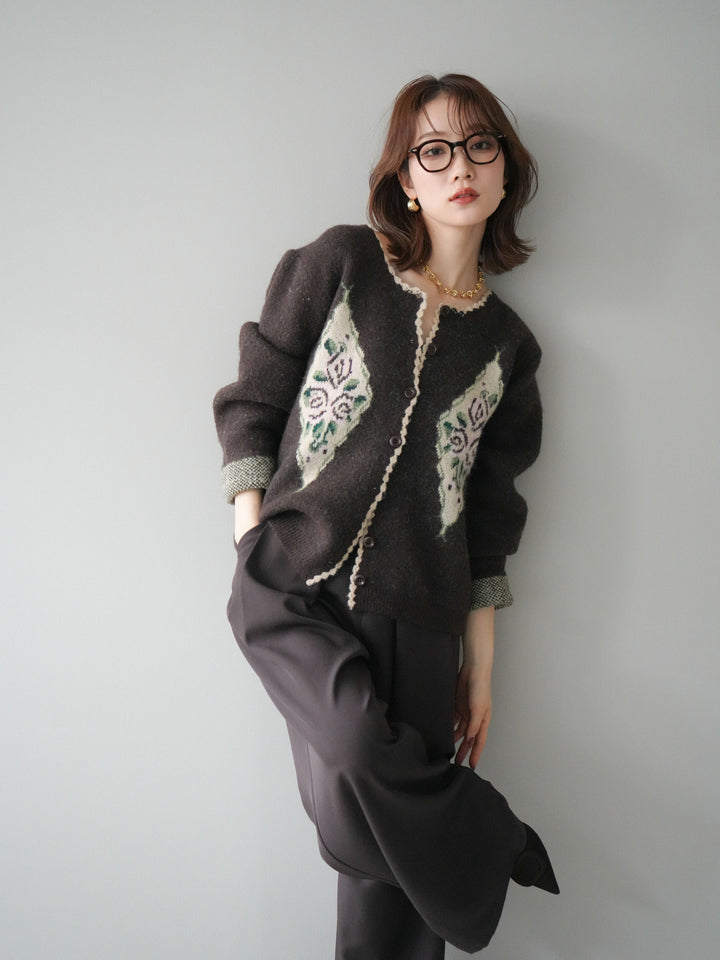 [予約]アンティークフラワージャガードニットカーディガン/brown