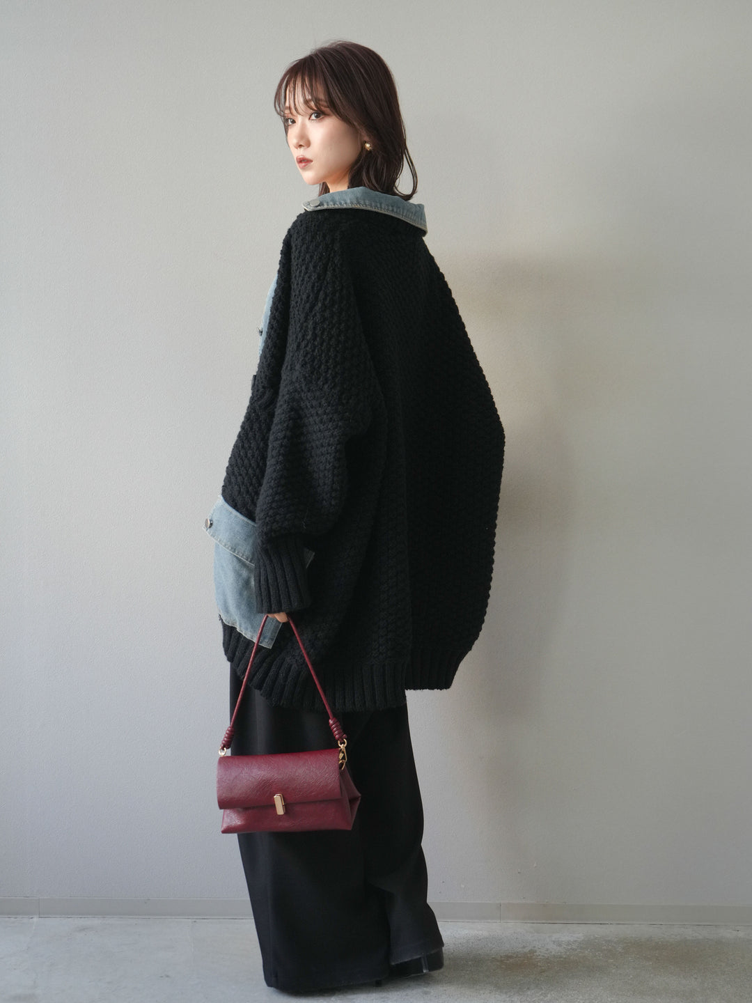 [SET]デニム襟レイヤードニットジャケット+ベルトループデザインワイドパンツ(2set)