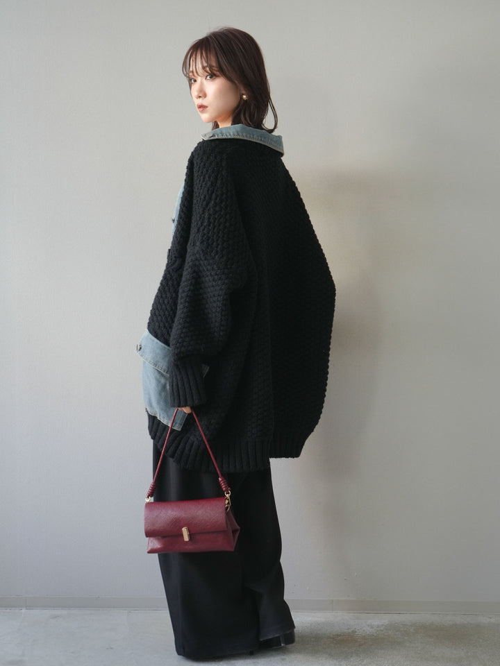 [SET]デニム襟レイヤードニットジャケット+ベルトループデザインワイドパンツ(2set)