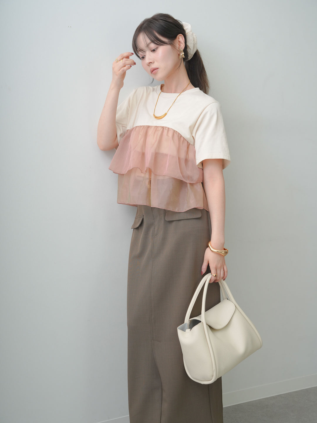 [SET]オーガンジーフリルドッキングTEE+クレープデシンフラップ付きストレートスカート(2set)