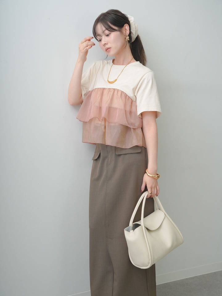 [SET]オーガンジーフリルドッキングTEE+クレープデシンフラップ付きストレートスカート(2set)