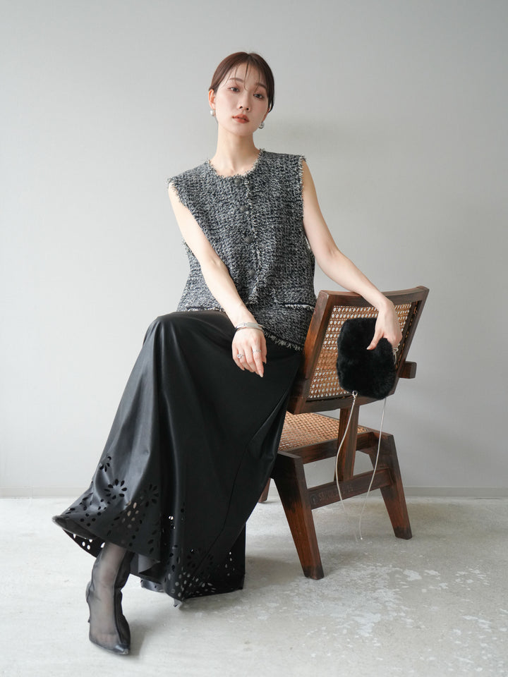 [予約]ミックスツイードフリンジニットベスト/ブラック