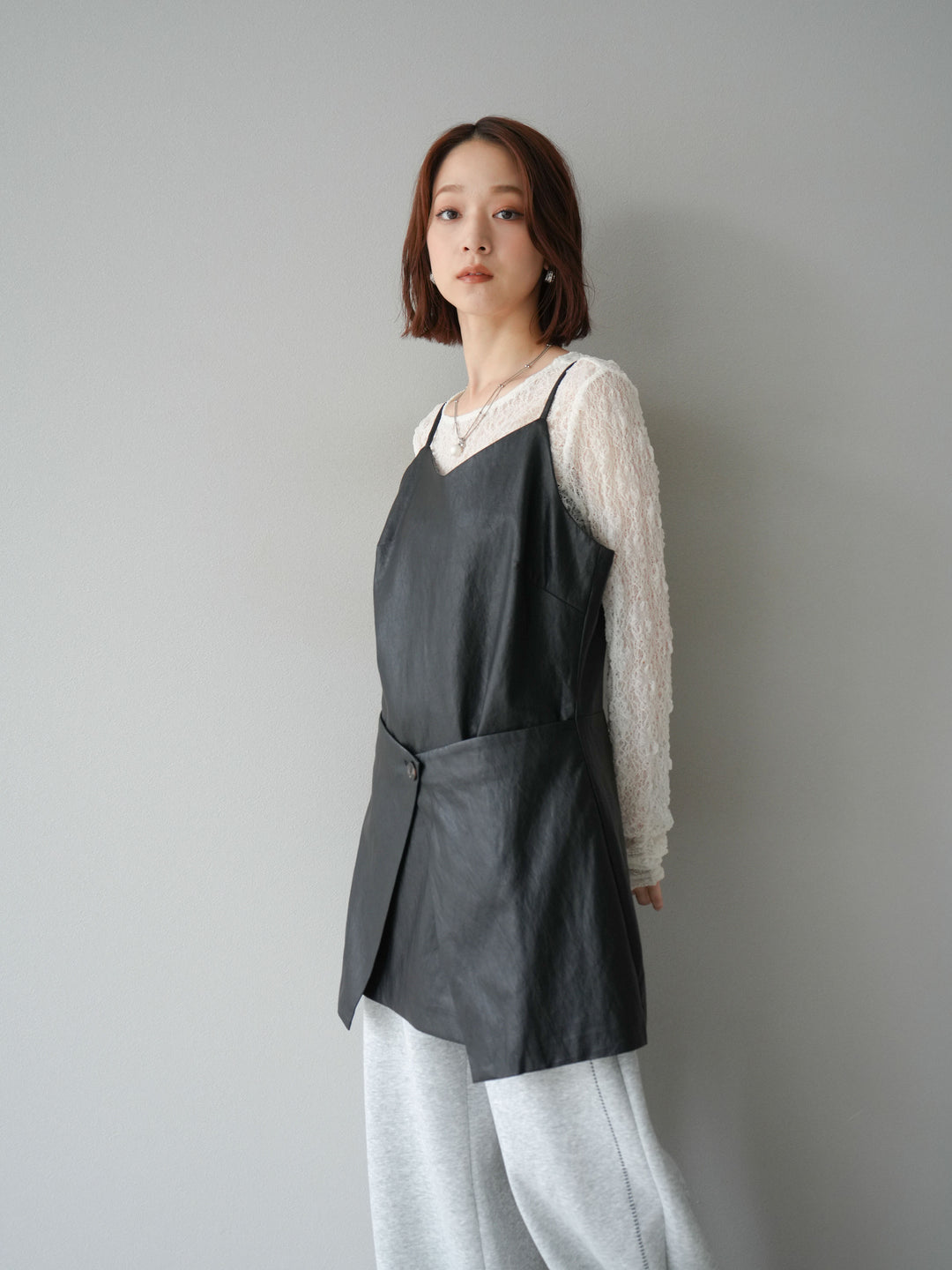 [予約]レイヤードレザーキャミソールチュニック/ブラック