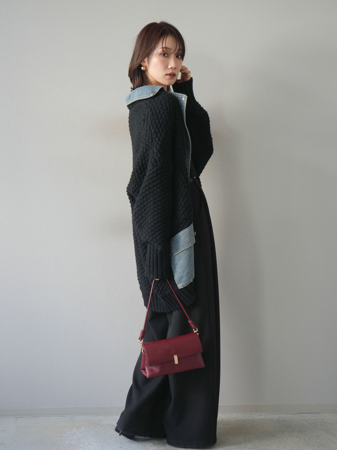 [SET]デニム襟レイヤードニットジャケット+ベルトループデザインワイドパンツ(2set)