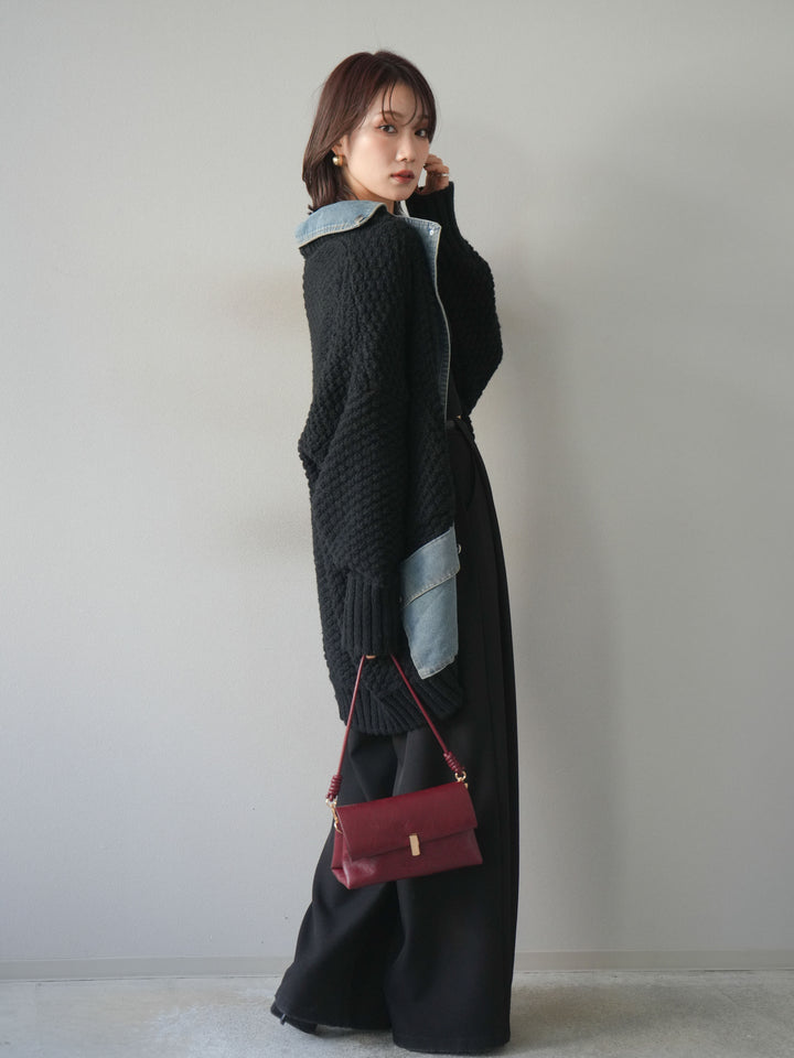 [SET]デニム襟レイヤードニットジャケット+ベルトループデザインワイドパンツ(2set)