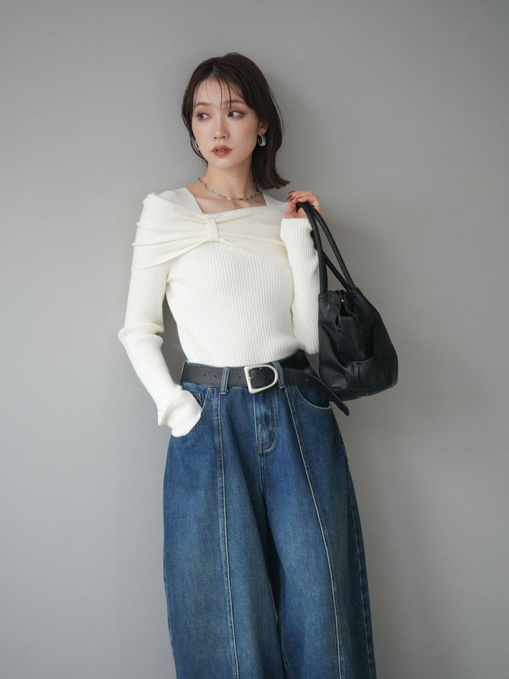 [予約]リボンモチーフオフショルリブニットトップス/white