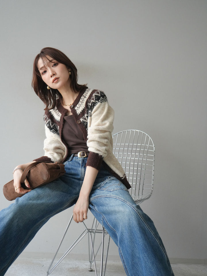 [SET]ノルディック柄ニットカーディガン+ペインターカーブデニムパンツ(2set)