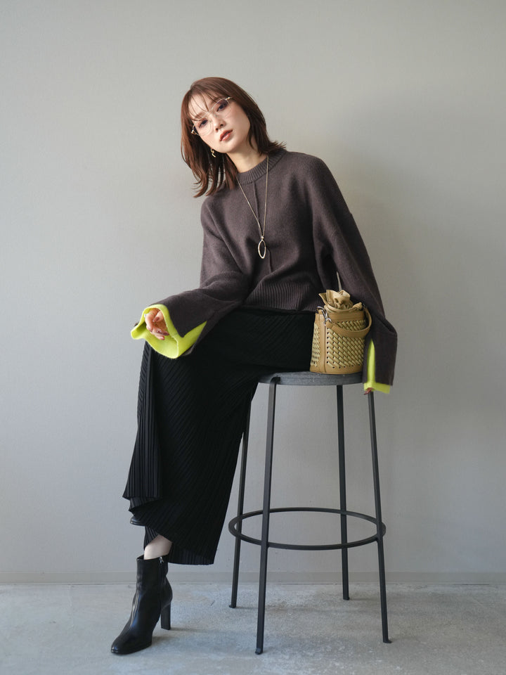 [予約]袖レイヤード配色ニットプルオーバー/brown