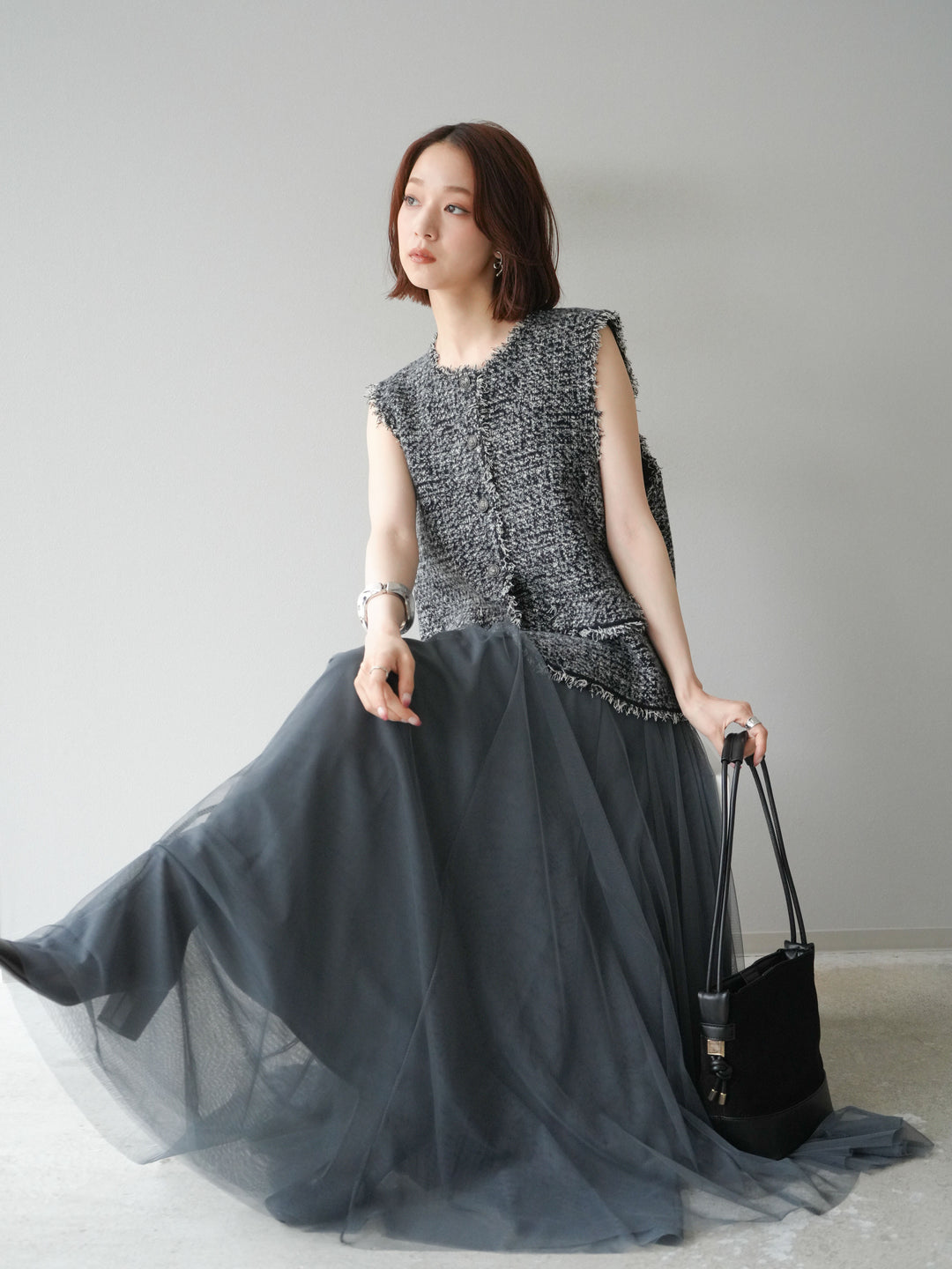 [予約]ミックスツイードフリンジニットベスト/ブラック