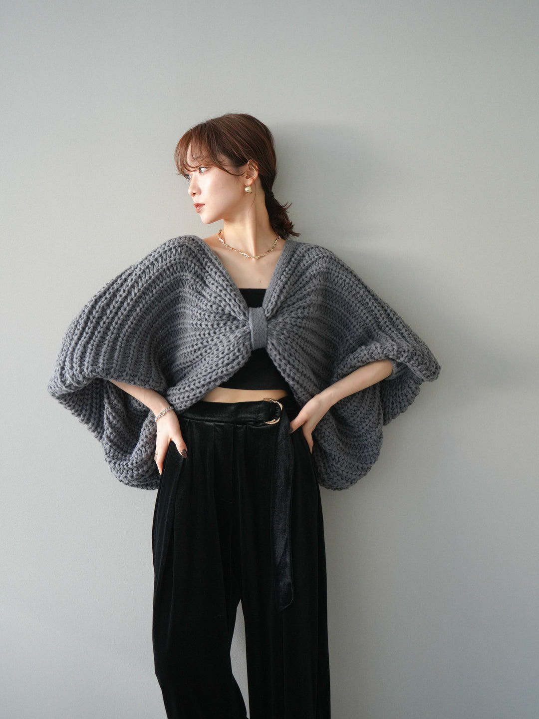 [予約]ローゲージ畦編みドルマンニットボレロ/gray