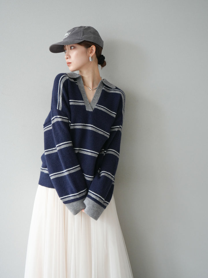 [SET]ポロ襟スキッパーボーダーニットプルオーバー+チュールボリュームスカート(2set)