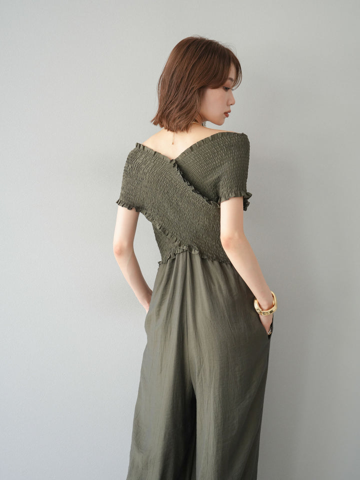 [予約]シャーリングクロスサロペット/カーキ