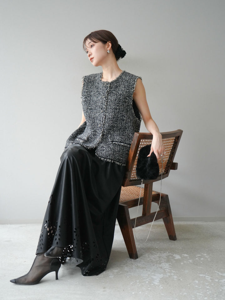 [予約]ミックスツイードフリンジニットベスト/ブラック