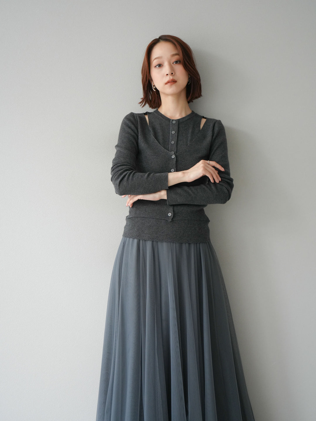 [予約]レイヤードデザインニットカーディガン/チャコール