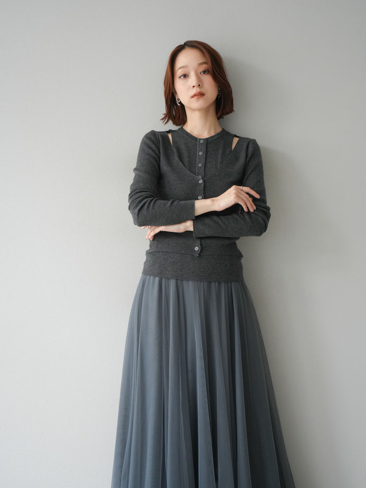 [予約]レイヤードデザインニットカーディガン/チャコール