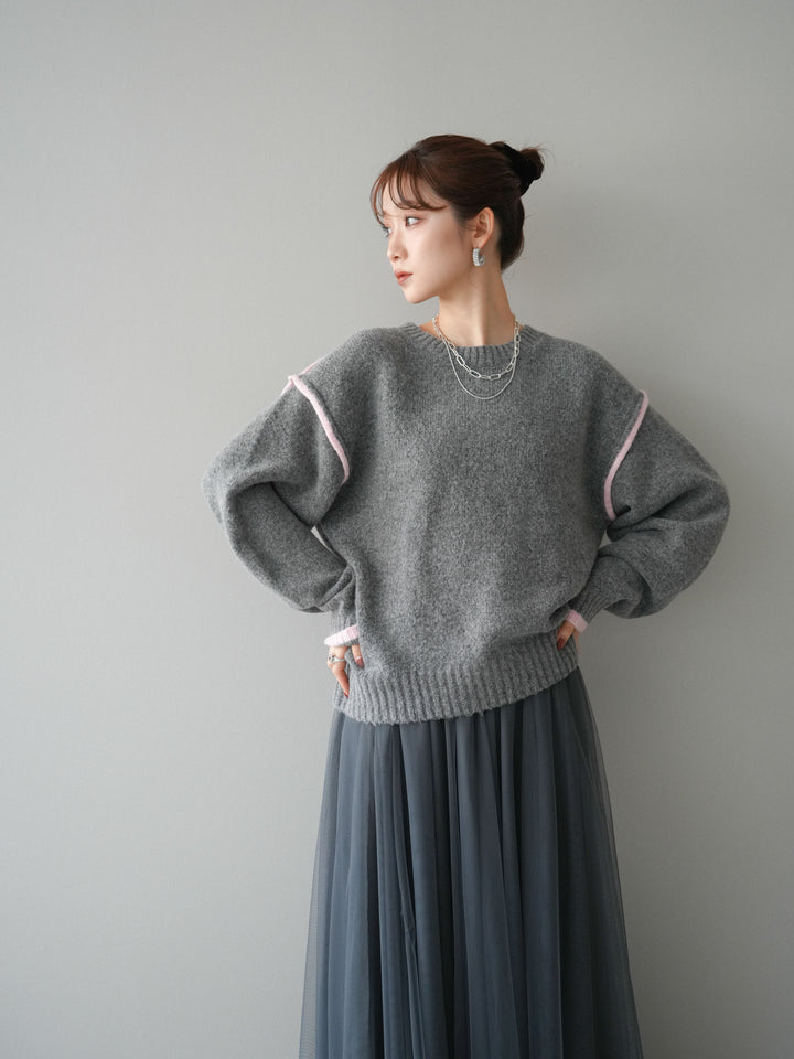 [予約]バイカラーパイピングニットプルオーバー/gray
