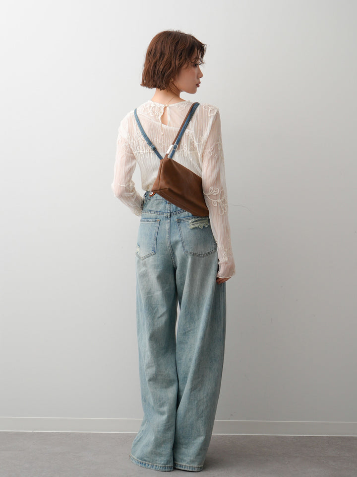 [予約]レザーコンビストラップデニムサロペット/lightblue