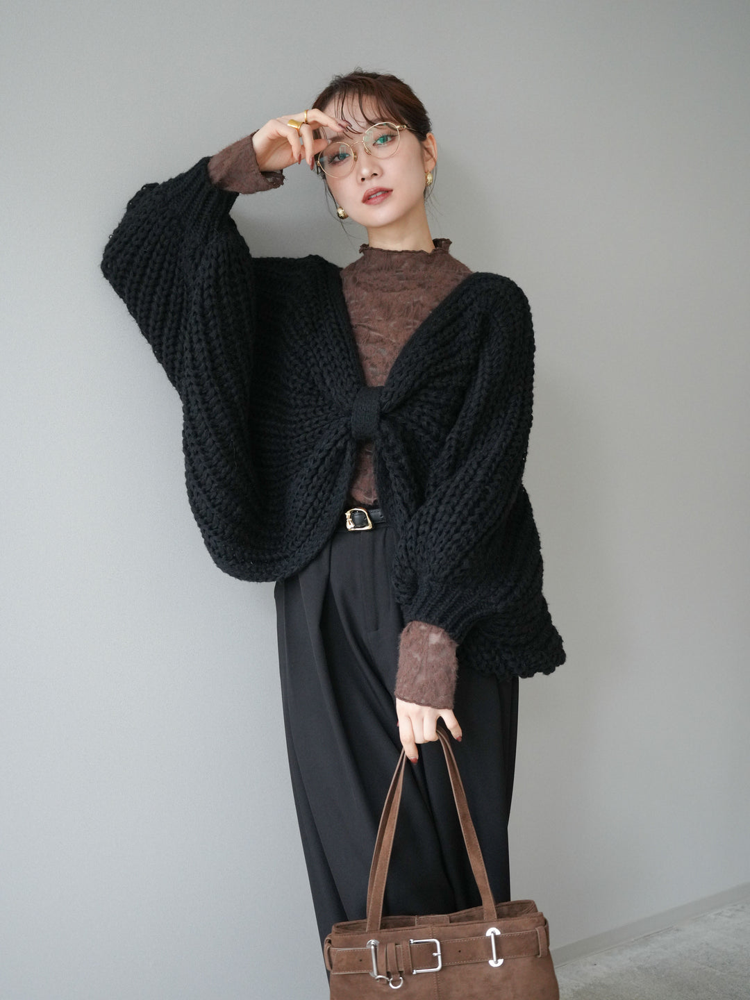 [SET]ローゲージ畦編みドルマンニットボレロ+起毛レースプチネックトップス+ベルトループデザインワイドパンツM(3set)