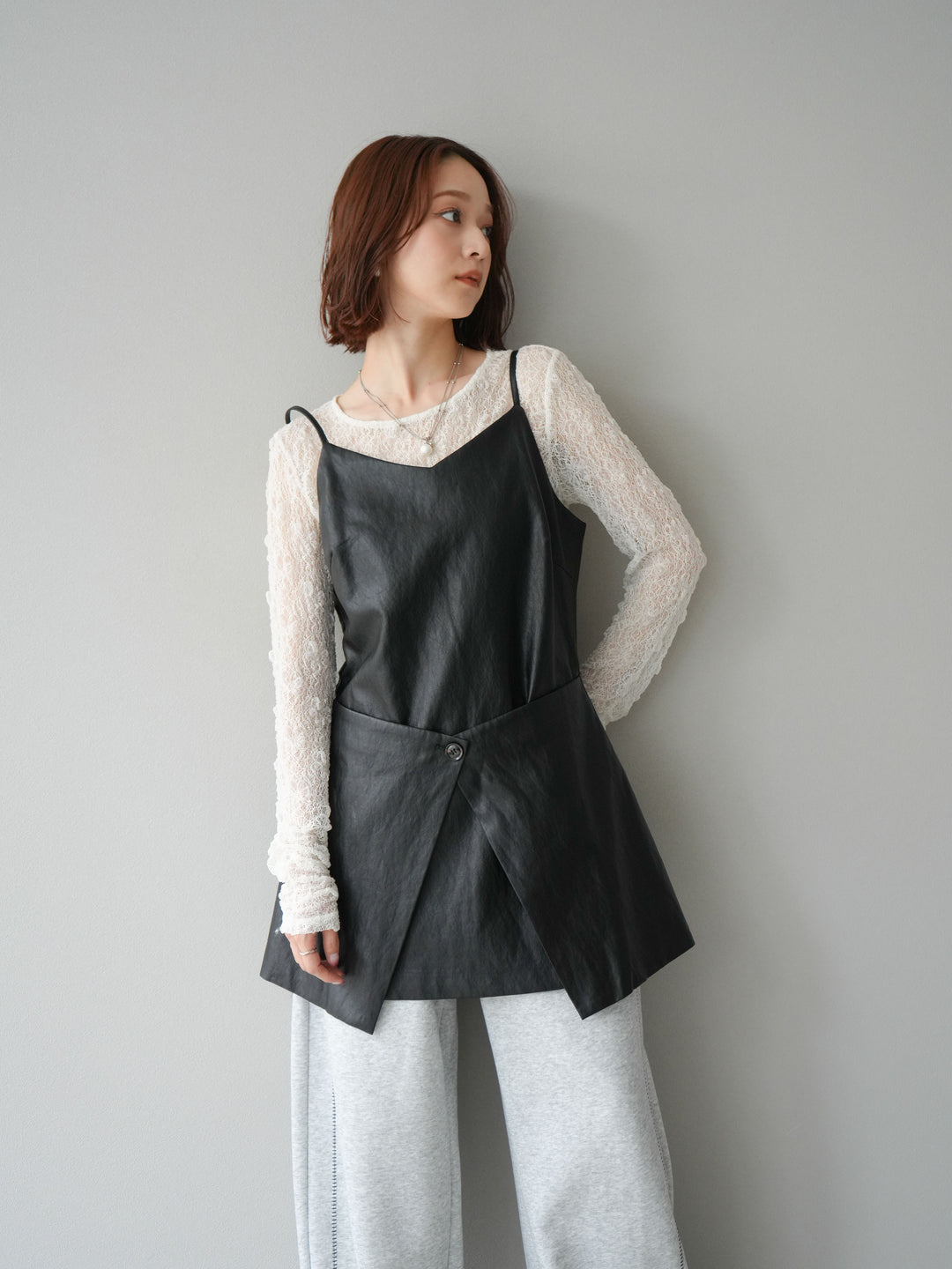 [予約]レイヤードレザーキャミソールチュニック/ブラック