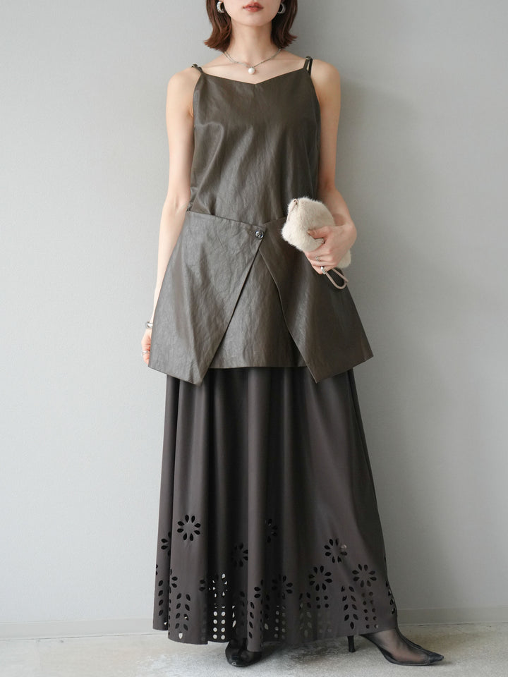 [予約]フラワーパンチングレザースカート/ブラウン