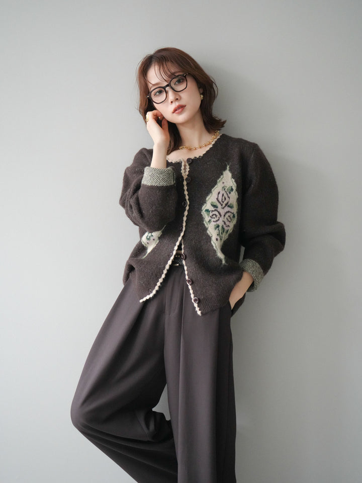 [予約]アンティークフラワージャガードニットカーディガン/brown