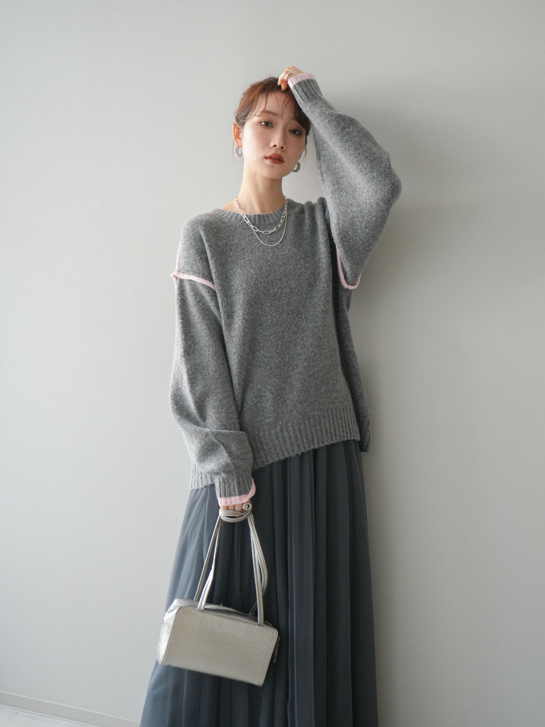 [予約]バイカラーパイピングニットプルオーバー/gray