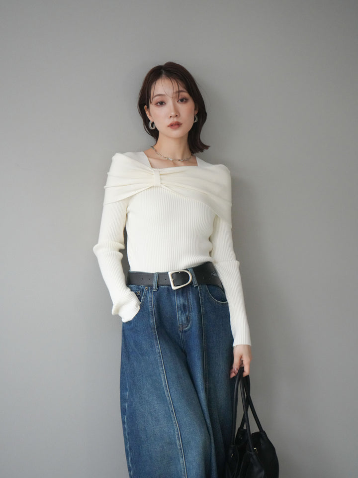 [予約]リボンモチーフオフショルリブニットトップス/white