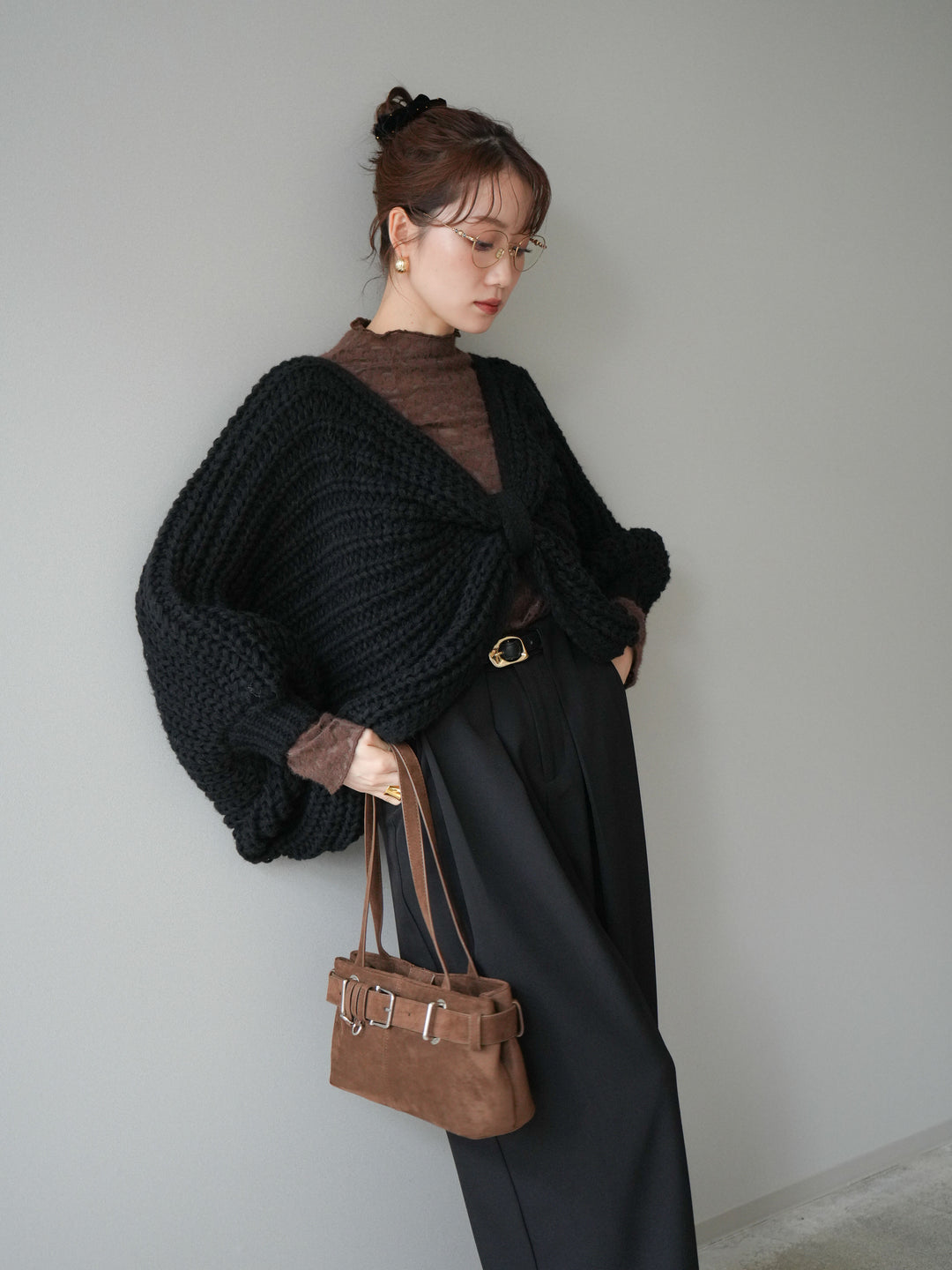 [SET]ローゲージ畦編みドルマンニットボレロ+起毛レースプチネックトップス(2set)