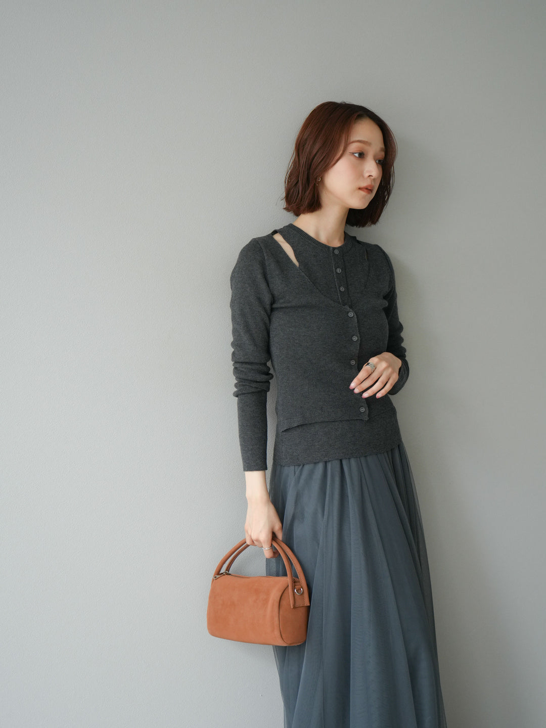 [予約]レイヤードデザインニットカーディガン/チャコール