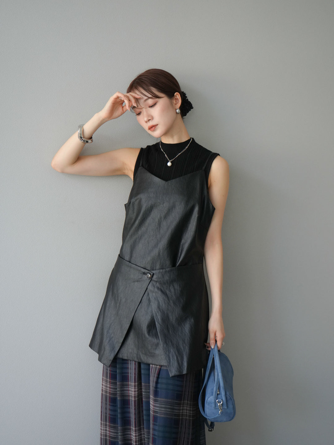 [予約]レイヤードレザーキャミソールチュニック/ブラック