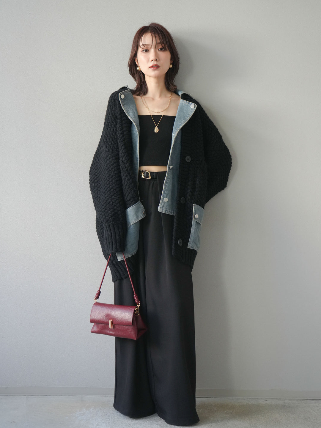 [SET]デニム襟レイヤードニットジャケット+ベルトループデザインワイドパンツ(2set)