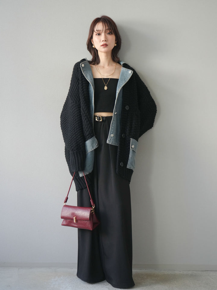 [SET]デニム襟レイヤードニットジャケット+ベルトループデザインワイドパンツ(2set)