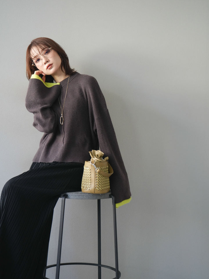 [予約]袖レイヤード配色ニットプルオーバー/brown