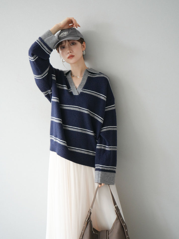 [SET]ポロ襟スキッパーボーダーニットプルオーバー+チュールボリュームスカート(2set)