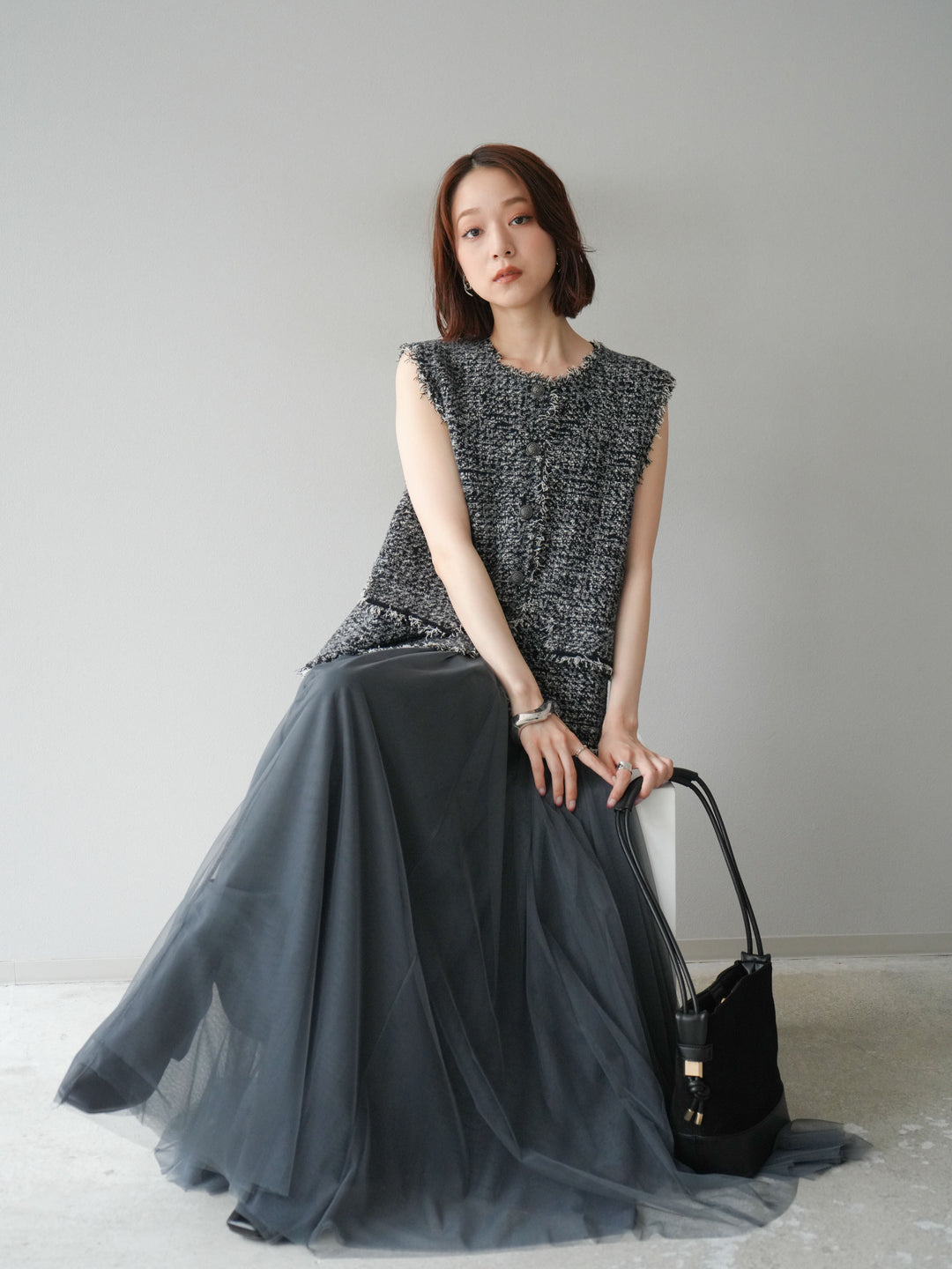 [予約]ミックスツイードフリンジニットベスト/ブラック