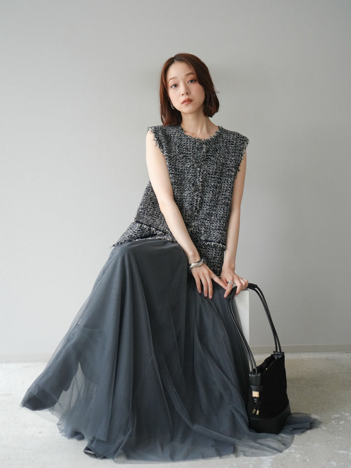 [予約]ミックスツイードフリンジニットベスト/ブラック