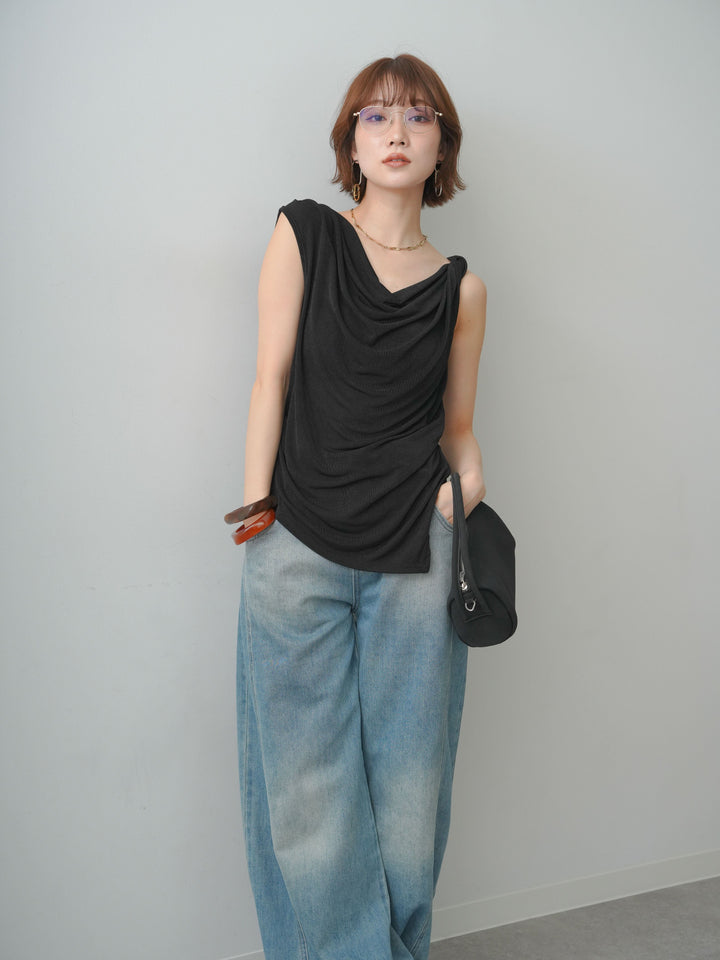 [予約]ツイストショルダーアシメドレープトップス/black