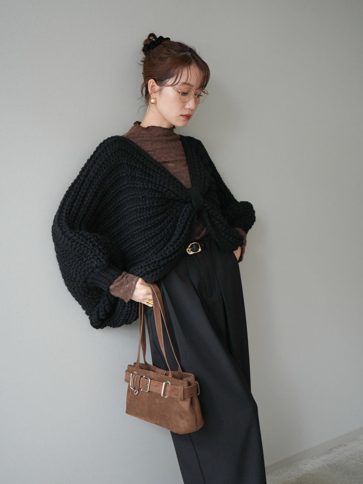 [SET]ローゲージ畦編みドルマンニットボレロ+起毛レースプチネックトップス+ベルトループデザインワイドパンツM(3set)